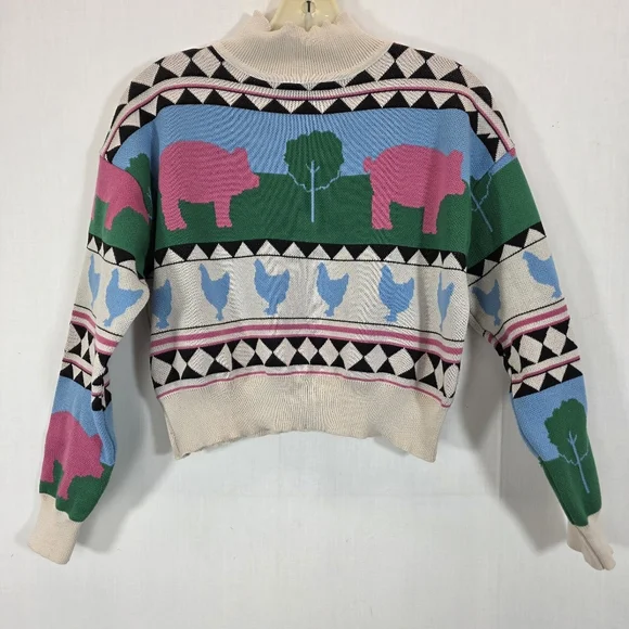 Daisy Street Farm Animal Cropped Sweater - Pink Pigs & Blue Chickens - US L - Picture 1 of 8